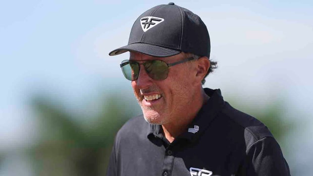 Phil Mickelson looks on during the second round of the 2023 LIV Golf Miami tournament at Trump National Doral.